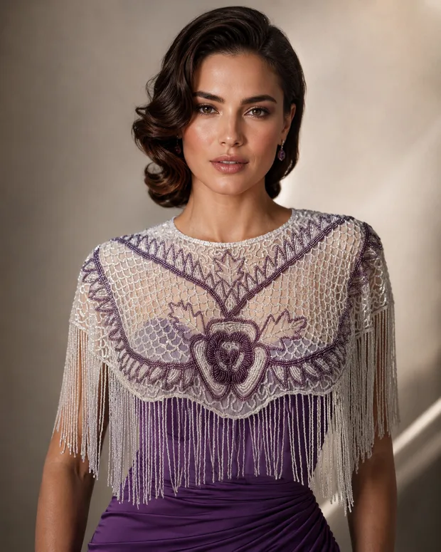 The Amethyst Rose — ivory and amethyst beaded caplet with a central rose motif and long silver fringe, luxury occasionwear Canada