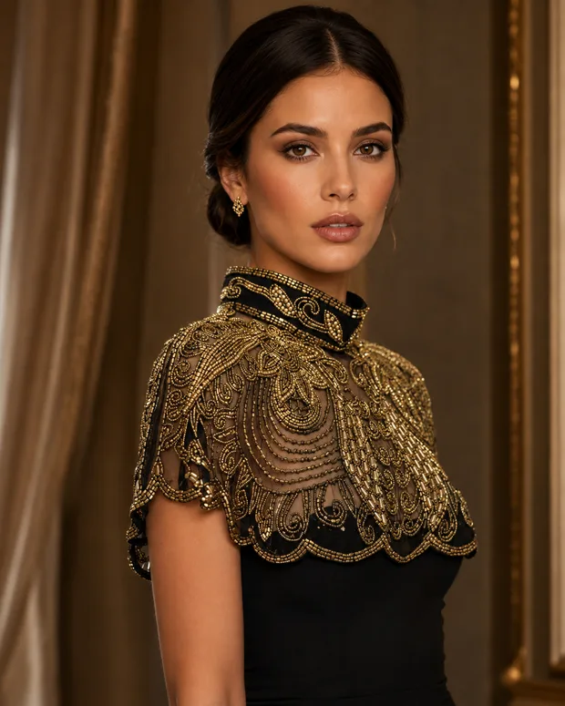The Baroque Sovereign — finely beaded gold baroque scrollwork caplet over black, mandarin collar, luxury occasionwear Canada