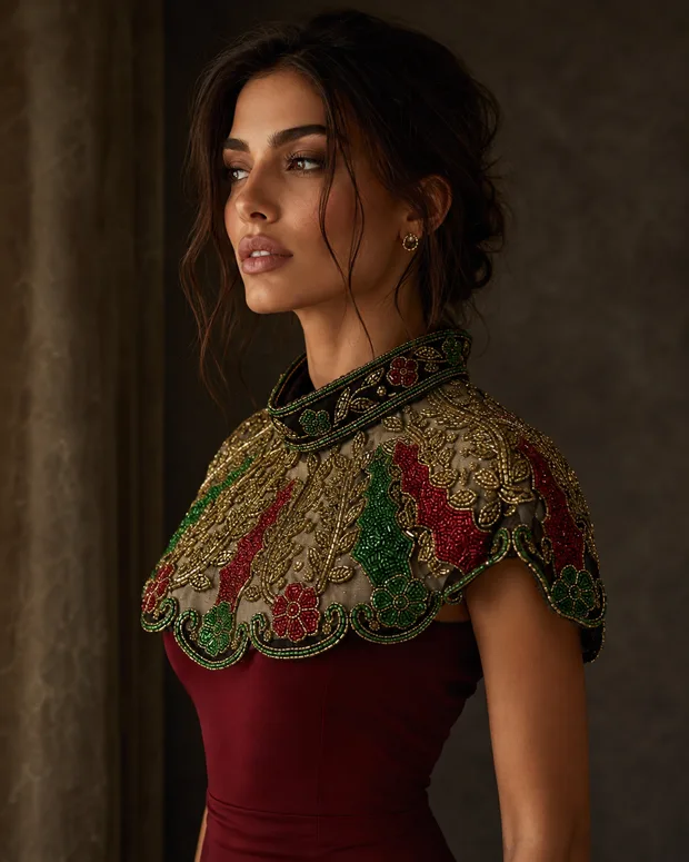 The Bordeaux Botanica — finely beaded gold, red and green botanical caplet over bordeaux, luxury occasionwear Canada