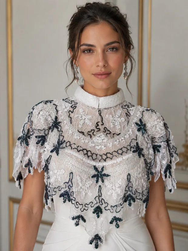 The Ivoire Nocturne — ivory lace caplet with midnight floral beading, sequin collar and petal-scalloped hem, luxury bridal occasionwear