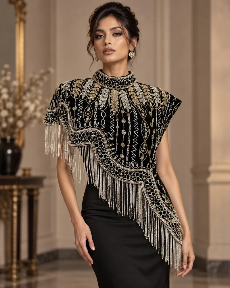 The Soraya Noir luxury beaded caplet