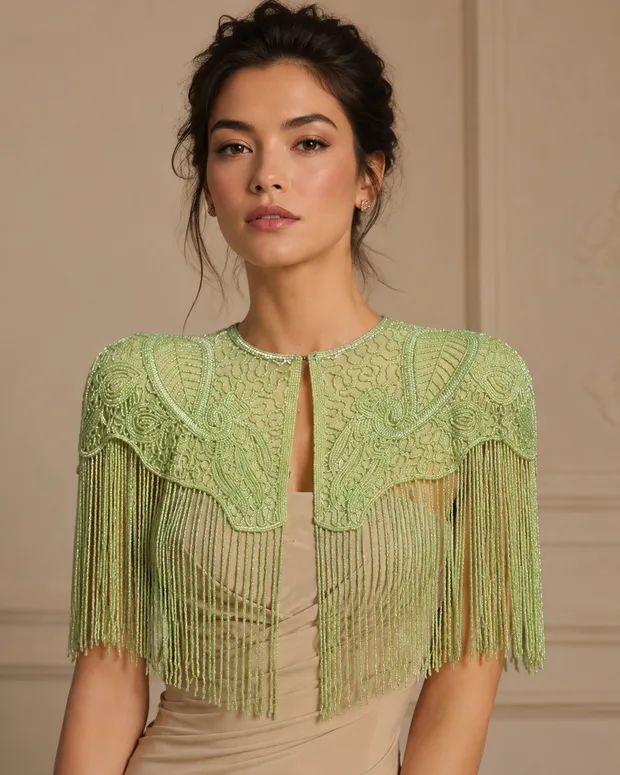 The Verdant Fringe — chartreuse green beaded caplet with Art Deco lacework and long tonal fringe, luxury occasionwear Canada