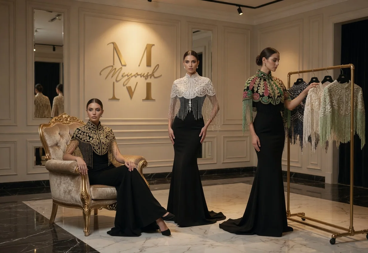 Meyoush Boutique atelier — finely beaded caplets styled in our Canadian studio
